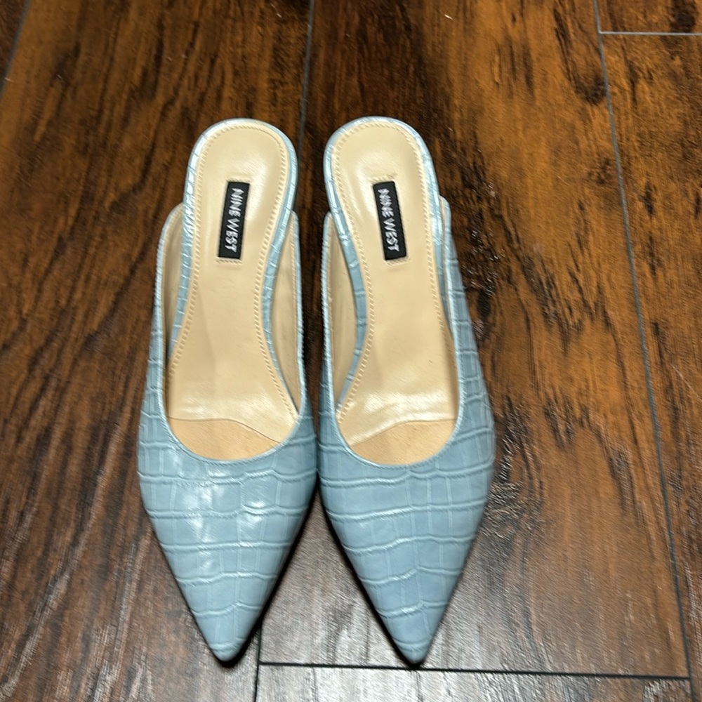 Nine West light blue mules, size 8, kitten heel, worn once